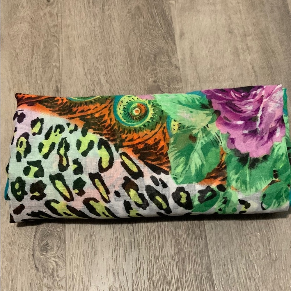 Floral Print Scarf in Teal and Purple